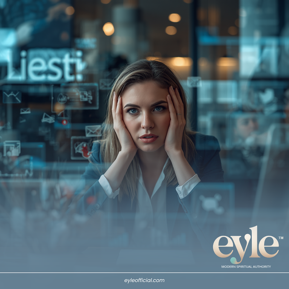 EMOTIONAL BACKGROUND NOISE™ IMAGE ALT TEXT:
Modern professional woman overwhelmed by glowing notifications and digital overload late at night.