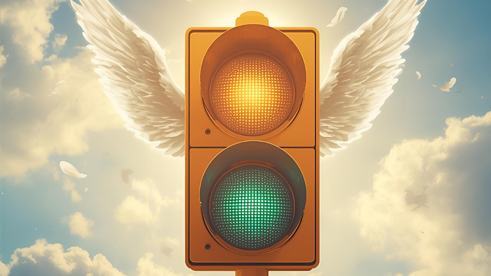 “Golden green traffic light in sky representing divine timing and readiness.”