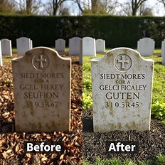 Before and after cleaning of an upright stone headstone.