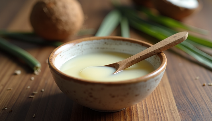 Close-up view of a small bowl with coconut oil and a wooden spoon on a wooden surface