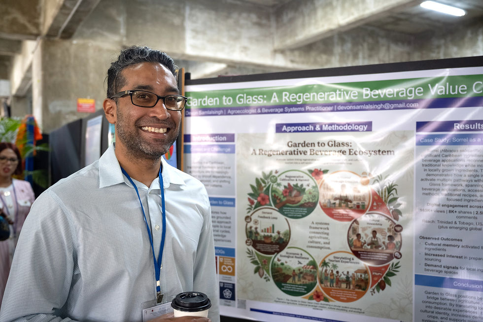 Presentation of the Garden to Glass Value Chain at the UWI Food and Nutrition Security and Sustainable Tourism Conference exploring regenerative beverage systems in the Caribbean.