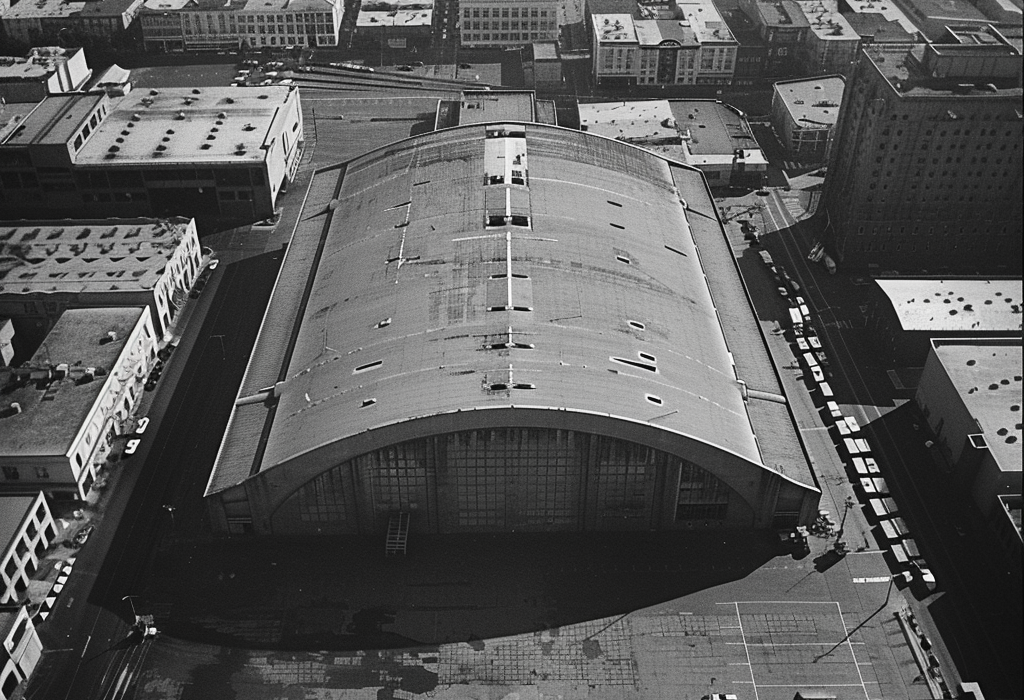 Luftaufnahme eines großen Gebäudes inmitten einer Stadtstruktur. Sugar Shack
