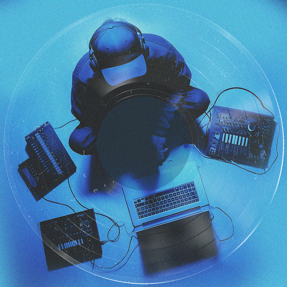 top-down view of DJ equipment and a DJ dressed in blue wearing a hat blended with a large vinyl record