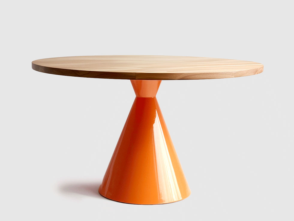 Round wooden top table with bright orange base