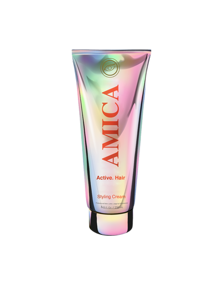 Iridescent Amica Styling Cream tube on black background