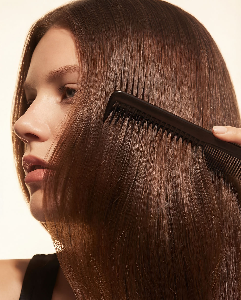 Woman combing long brown hair