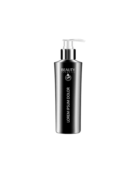 Metallic pump bottle labeled Beauty Lorem Ipsum Dolor.