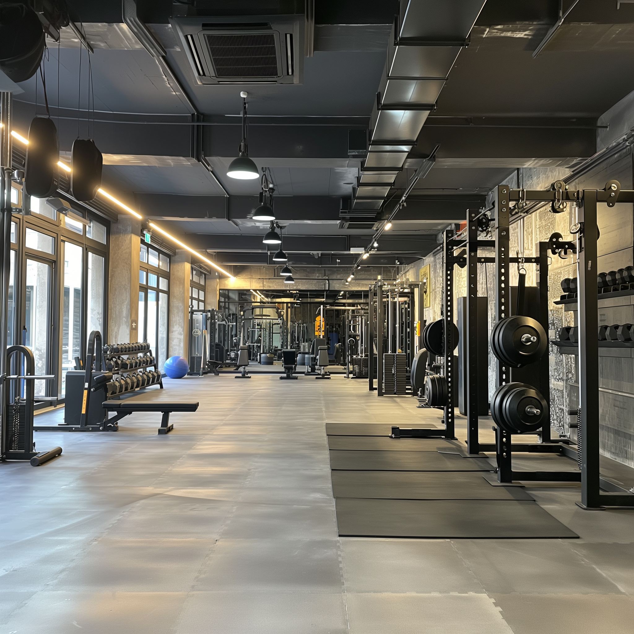 Gym floor with squat racks, plates and dumbbells