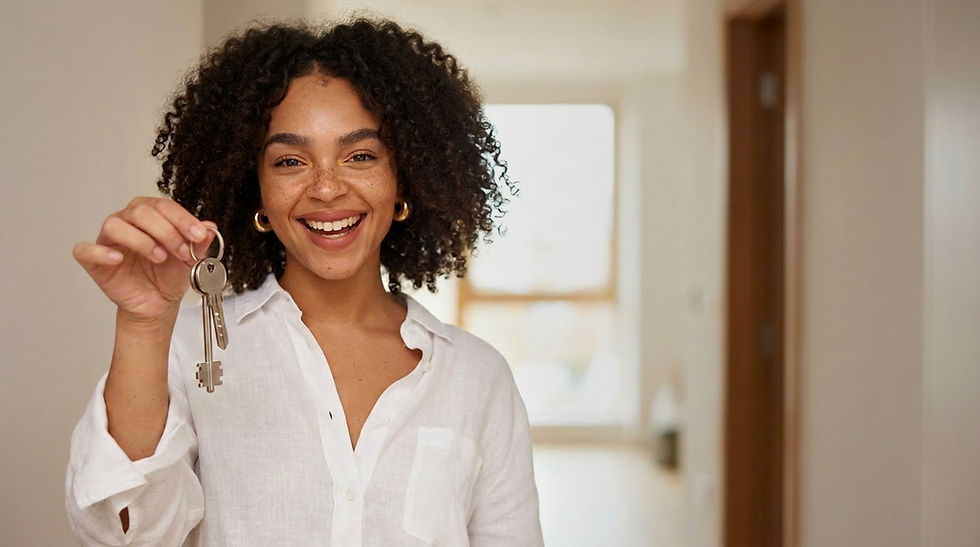 Smiling woman holding keys in a new rental home