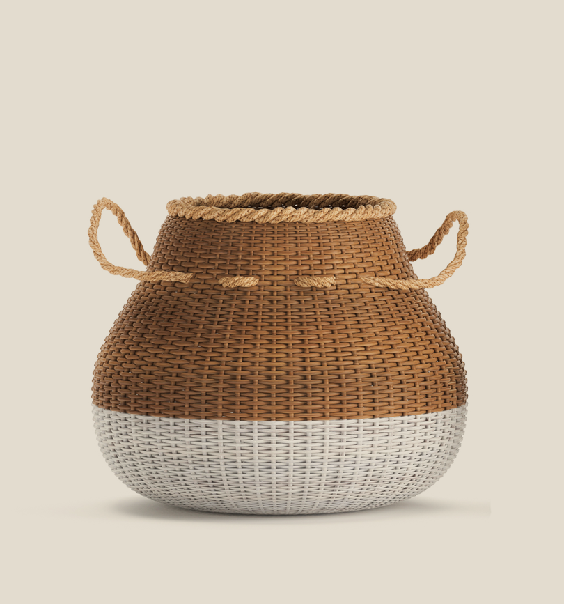 Brown and white woven basket with rope handles