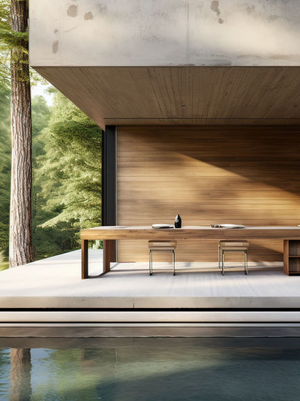 Modern minimalist outdoor dining area with wood accents and reflecting pool surrounded by trees