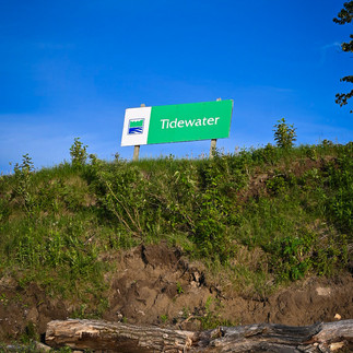 Tidewater Provincial Park Sign on top of a grassy hill and a bue sky in the background