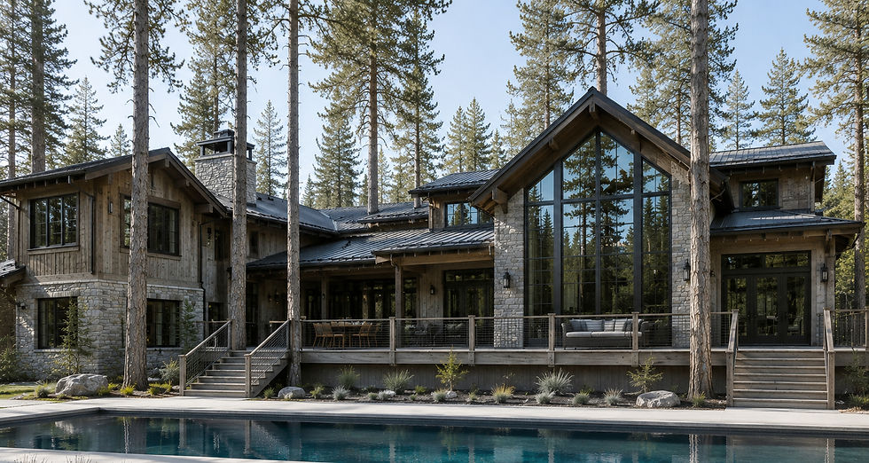 Modern rustic mountain home with pool and pine trees