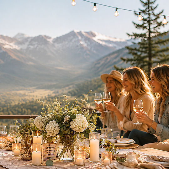 Luxury mountain gathering featuring elevated outdoor entertaining, beautiful tablescape styling, candlelight ambiance, intentionally designed and breathtaking alpine views. This modern mountain lifestyle captures intentional living, meaningful connection, and elevated gatherings in a stunning outdoor setting.