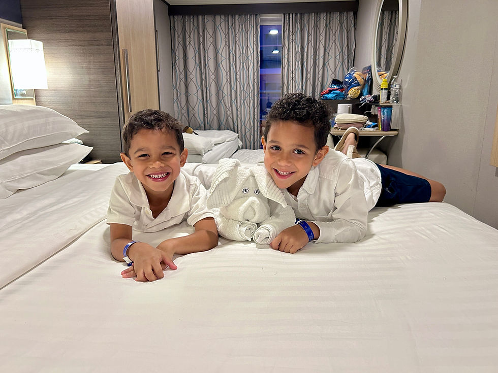 Two young boys lying on their bellies on a cruise ship stateroom bed, smiling at the camera with a towel animal between them.