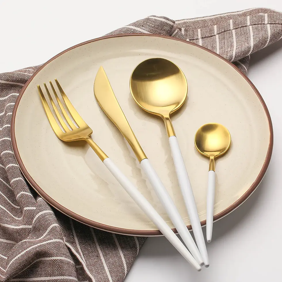 Thumbnail: Rent: White Handle Gold cutlery set