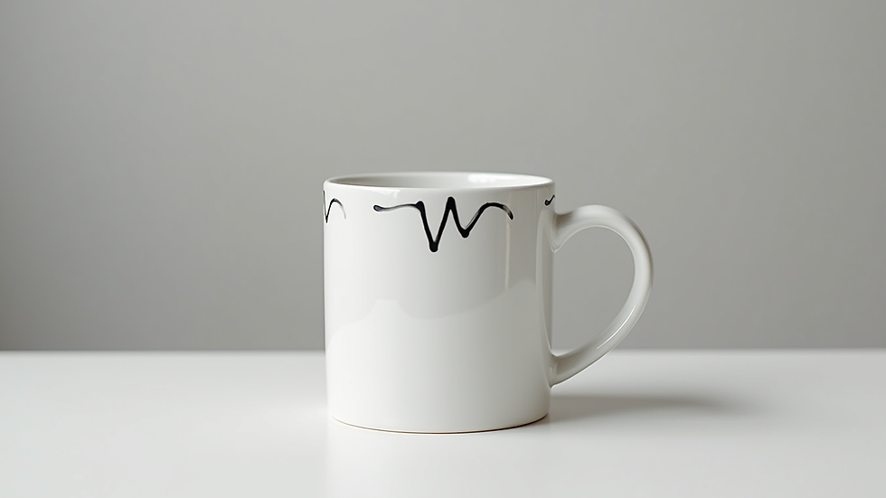 Close-up view of a white ceramic mug with a minimalist black design