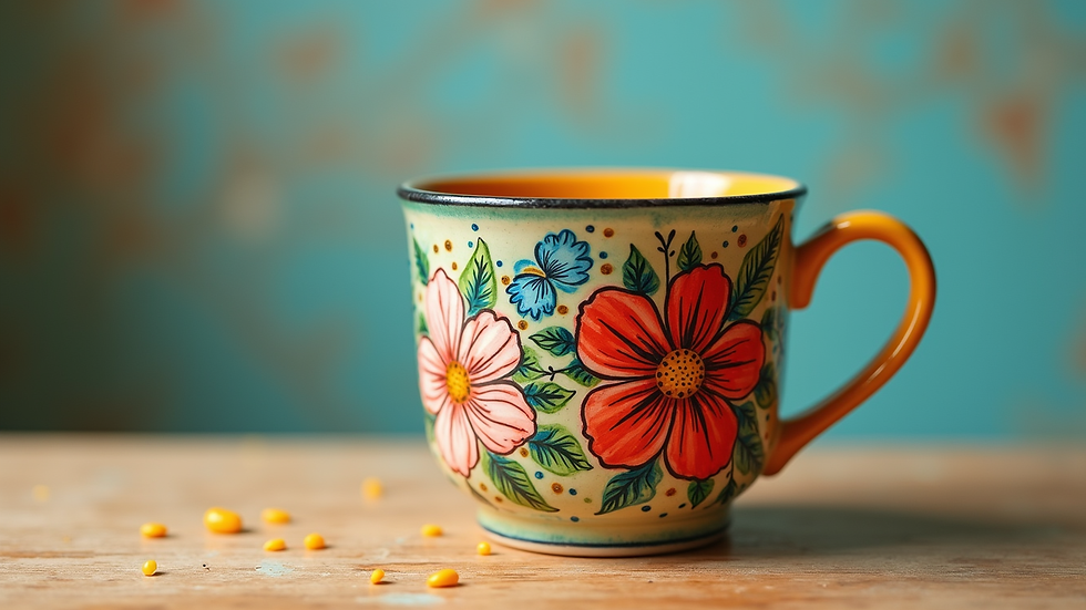 Eye-level view of a colorful artistic mug with hand-painted floral design