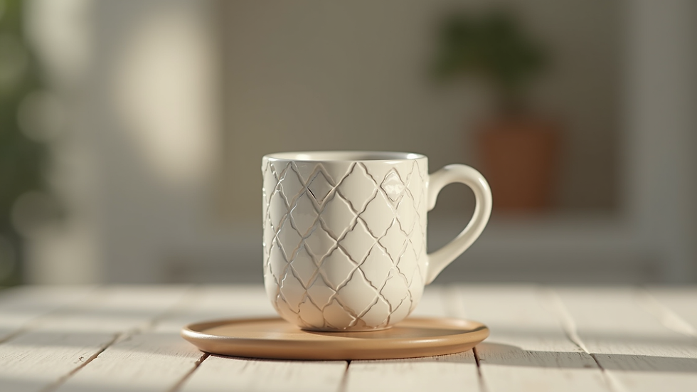 Close-up view of a minimalist ceramic mug with a unique geometric pattern