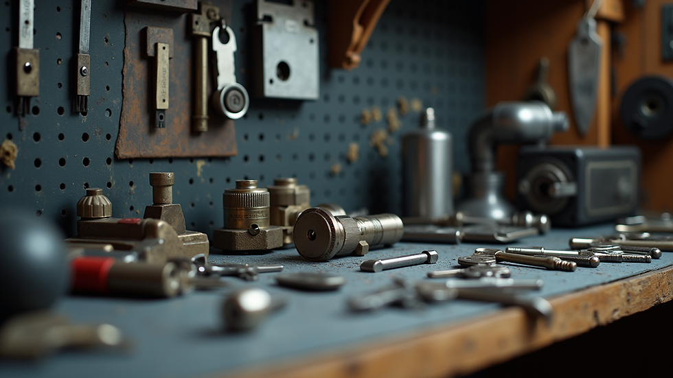Eye-level view of a neatly organized locksmith workstation with tools arranged