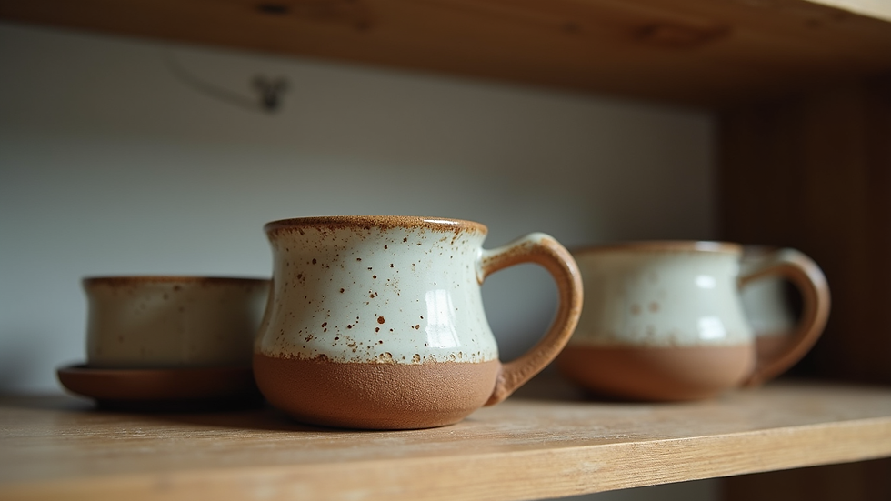 Eye-level view of a rustic ceramic mug with handmade details on a kitchen shelf