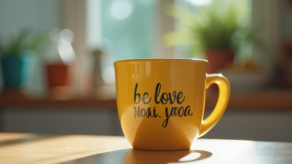 Eye-level view of a colorful ceramic mug with a motivational phrase