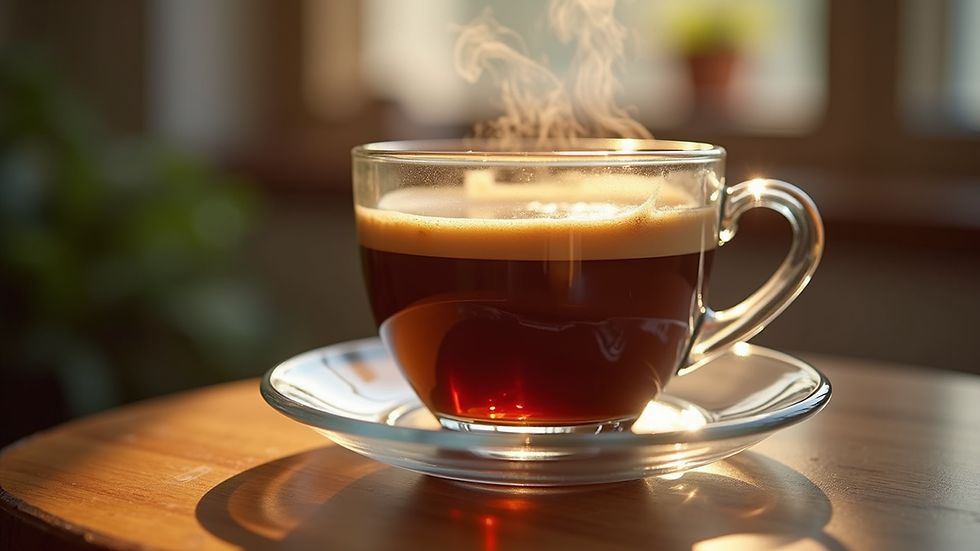 Close-up view of transparent glass mug with hot coffee
