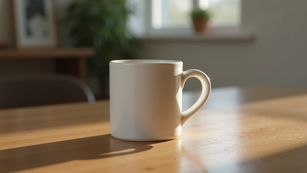 Close-up view of a minimalist ceramic mug with matte finish on a wooden table