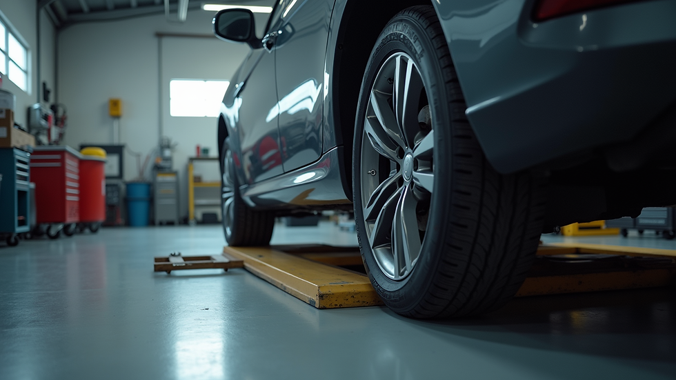 Eye-level view of a car undergoing wheel alignment in a workshop