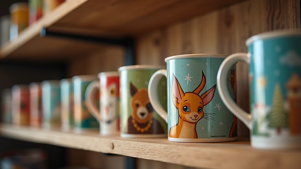 Eye-level view of a collection of colorful themed mugs on a wooden shelf