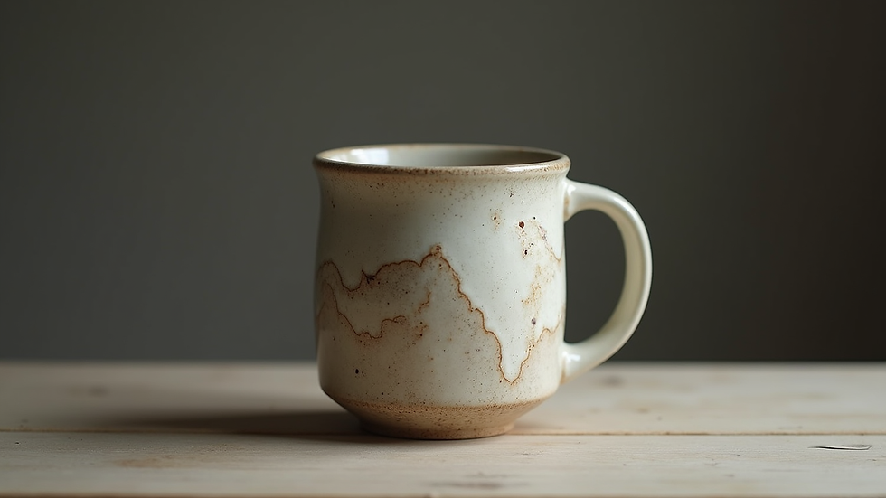 Eye-level view of handmade ceramic mug with artistic texture