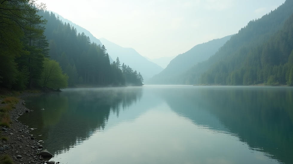 Close-up view of a serene landscape with a calm lake and surrounding trees