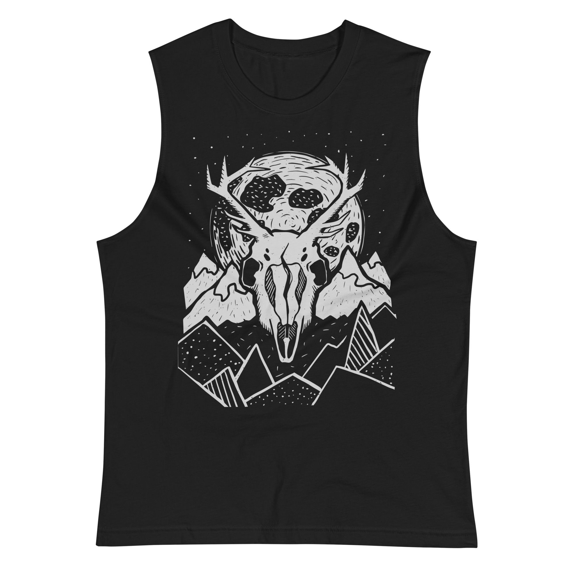 Front view of a black muscle tank shirt with a white print of a drawing of a deer skull, full moon, and a mountain range