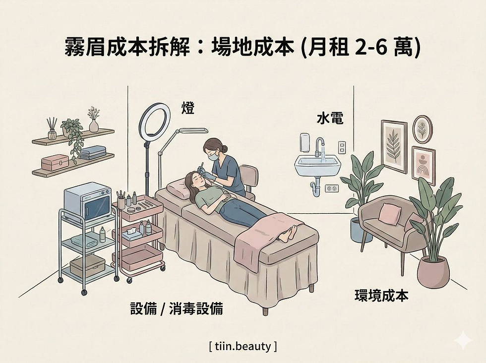 霧眉成本拆解示意圖:美容床上技師為顧客做眉部操作,旁有燈、水槽、推車與植物,標示場地成本、設備/消毒設備、環境成本、月租2-6萬、tiin.beauty