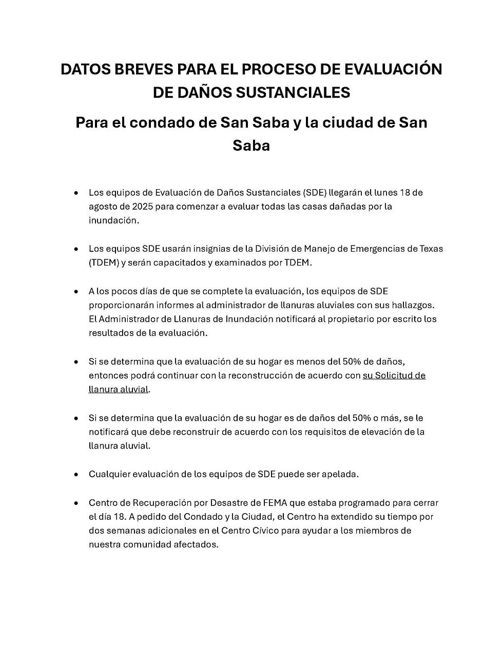 Datos Breves Para El Proceso de Evaluación De Daños Sustanciales
