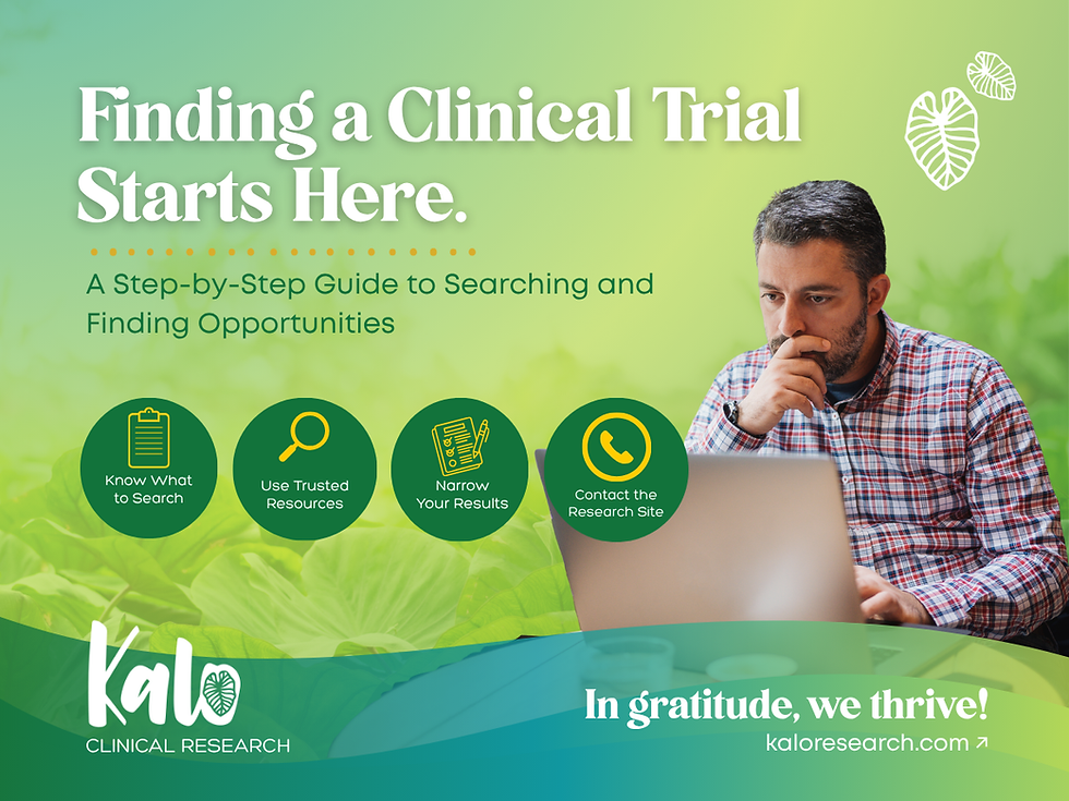 "A promotional graphic titled 'Finding a Clinical Trial Starts Here: A Step-by-Step Guide to Searching and Finding Opportunities'. On the right, a man in a plaid shirt sits at a laptop, holding his chin thoughtfully. Four green circular step-by-step icons display key actions: 'Know What to Search', 'Use Trusted Resources', 'Narrow Your Results', and 'Contact the Research Site'. The bottom section features the Kalo Clinical Research logo, the tagline 'In gratitude, we thrive!', and the website URL 'kaloresearch.com'."
