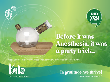 A graphic from Kalo Clinical Research featuring a green leafy background. On the left is an image of a vintage glass anesthesia inhaler on a wooden base. Large white text on the right reads, "Before it was Anesthesia, it was a party trick..." The top right corner includes a "Did You Know?" speech bubble, and the bottom contains the Kalo Clinical Research logo with the slogan, "In gratitude, we thrive!"