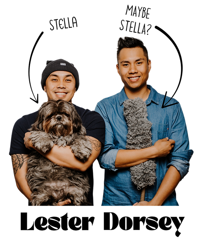 Lester and Dorsey, creative content duo at Just Eatz Media based in Orange County, CA, holding a dog and a mic in their team photo — video production, content creation, and social media branding experts.