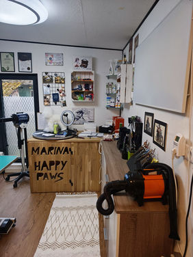 Arbeitsbereich mit Scheren und Föhn im Hundepflegesalon Happy Paws