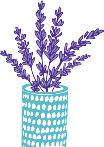 A blue vase filled with lavender.