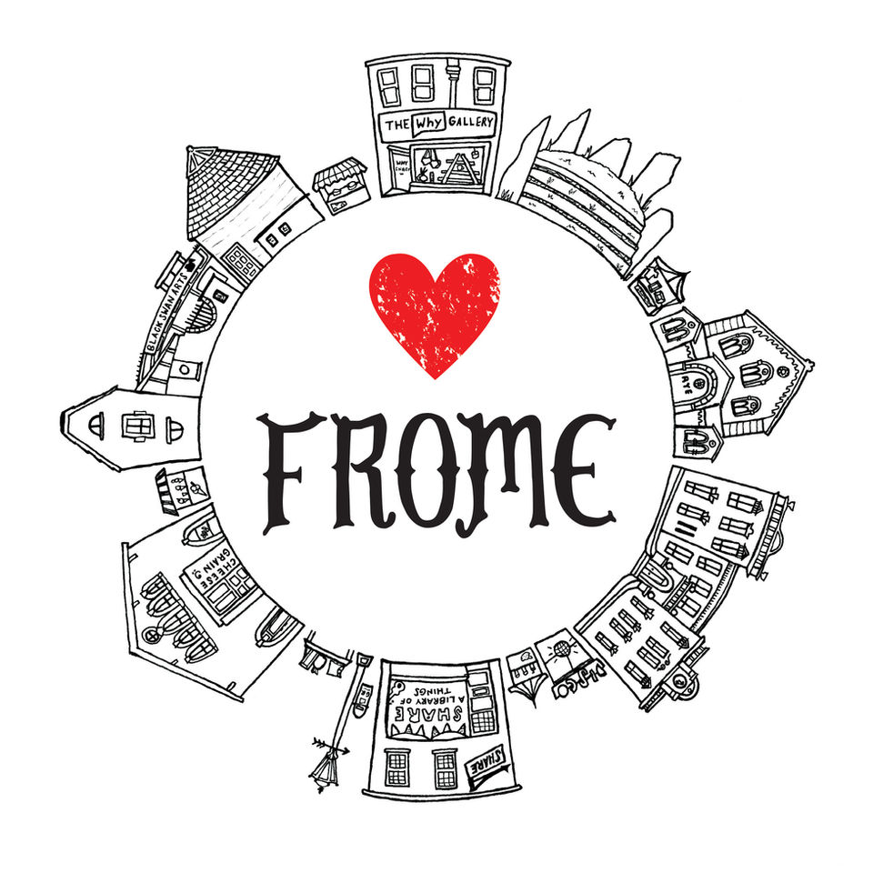 Circular illustration featuring buildings from Frome, somerset. A red heart and the words 'frome' are inside the circle.
