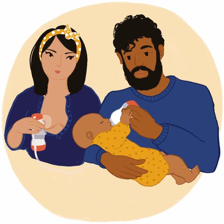 Ethnically diverse parents feeding a baby via a breast pump.