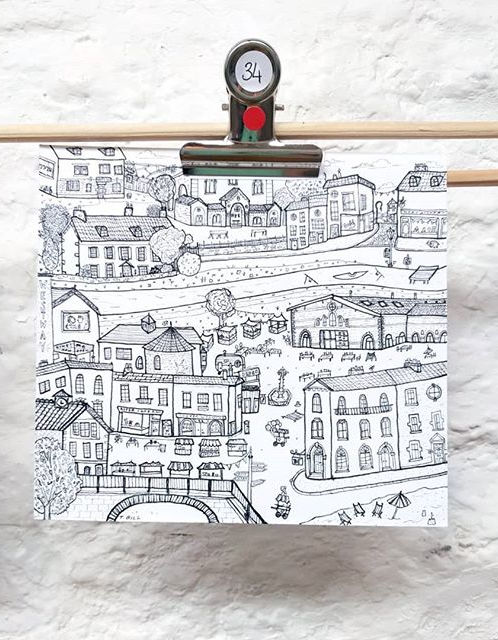 A black and white detailed illustration of Frome.