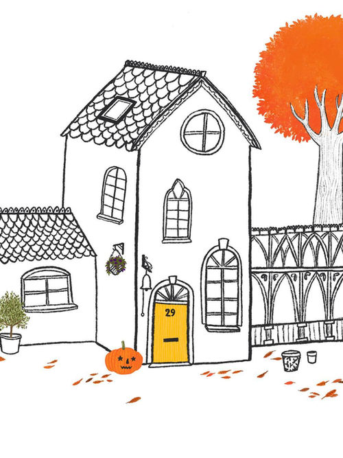 Drawing of a house with autumnal features.