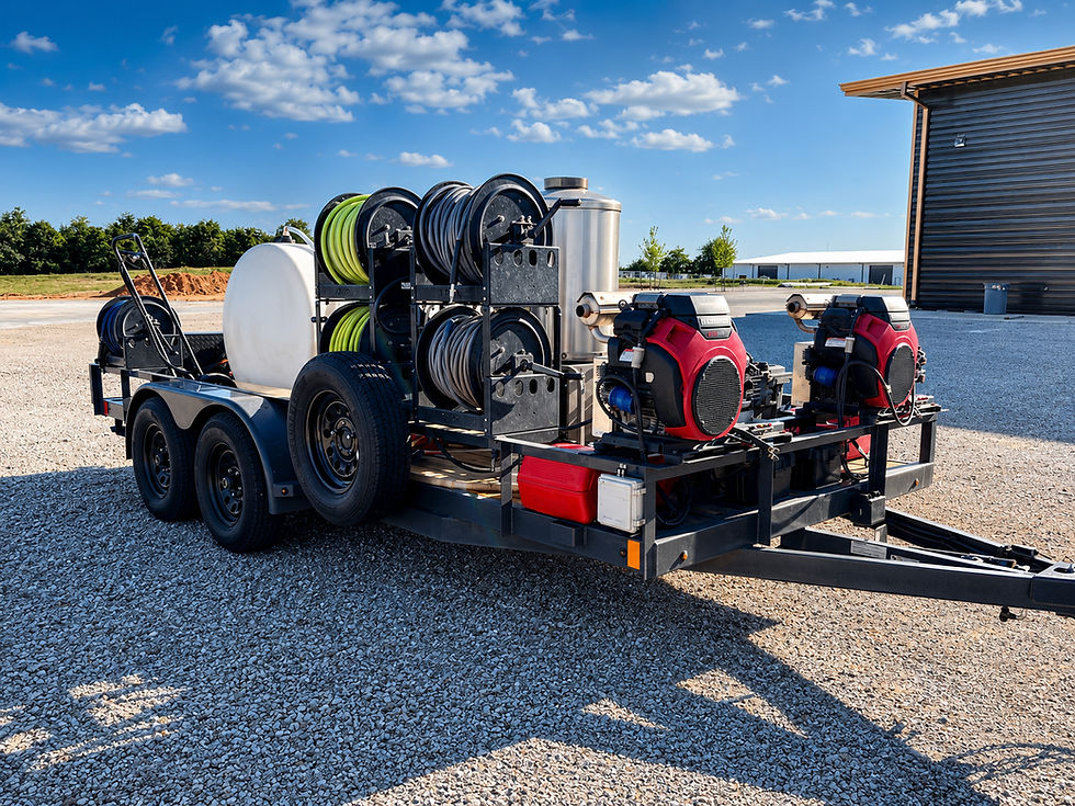 Pressure washing and soft washing trailer with hose reels