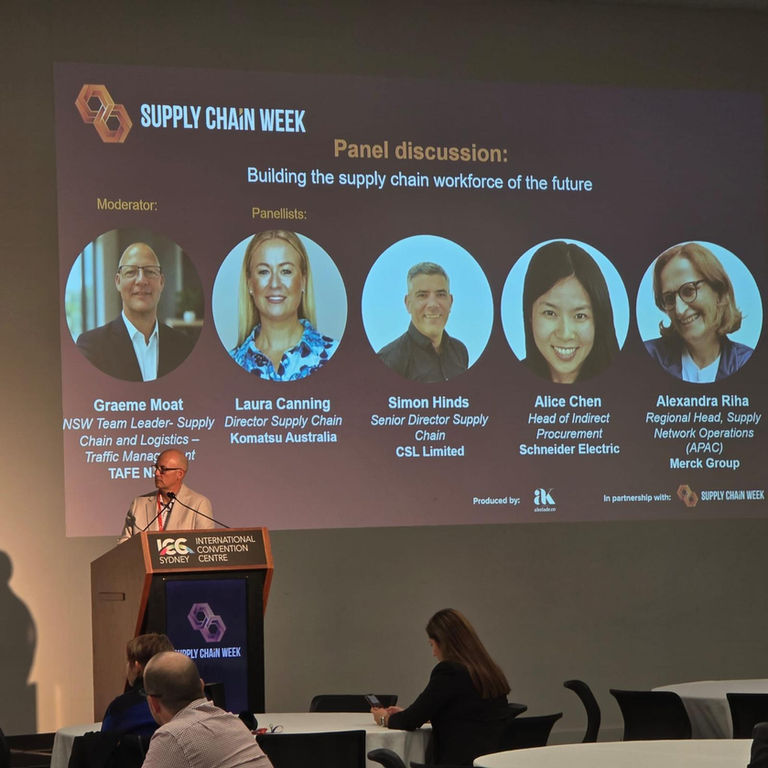 Event slide naming the moderator and panellists for Building the supply chain workforce of the future at Supply Chain Week Sydney 2026.