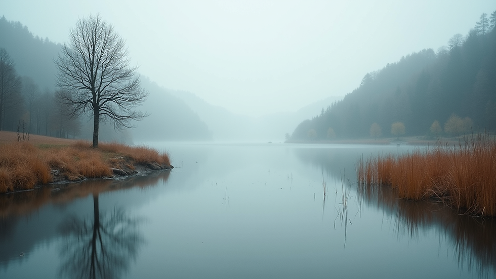Eye-level view of a serene landscape with a calm lake