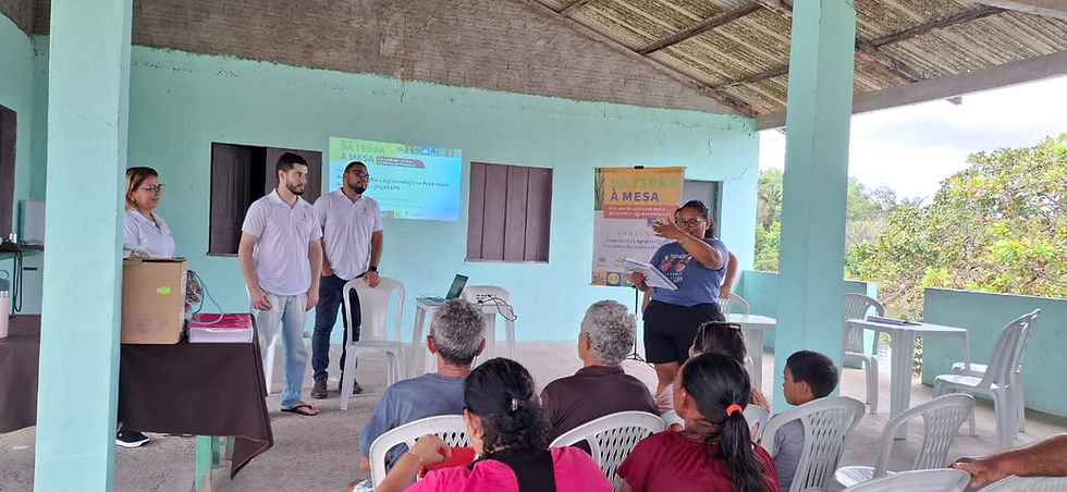 Na imagem, membros da equipe apresentam o programa para a comunidade. Um banner do projeto está posicionado ao fundo, e uma apresentação é projetada na parede.