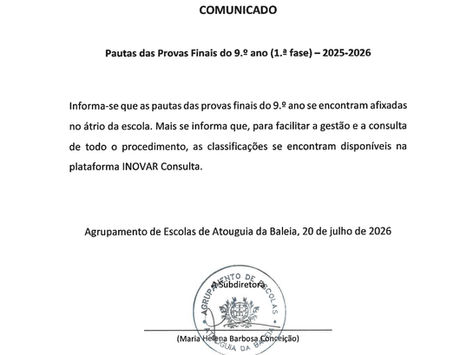 Comunicado - Pautas das Provas Finais do 9ºano - 1ª Fase