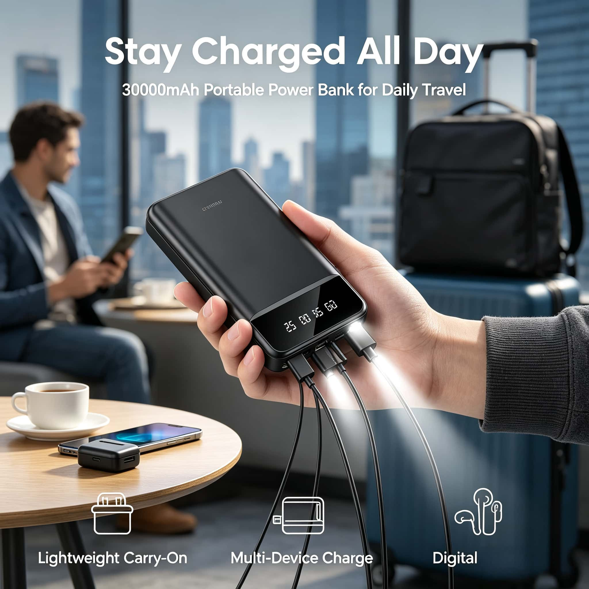 Miravila 10000mAh Power Bank – 4-in-1 USB-C, Lightning & Micro USB Cables